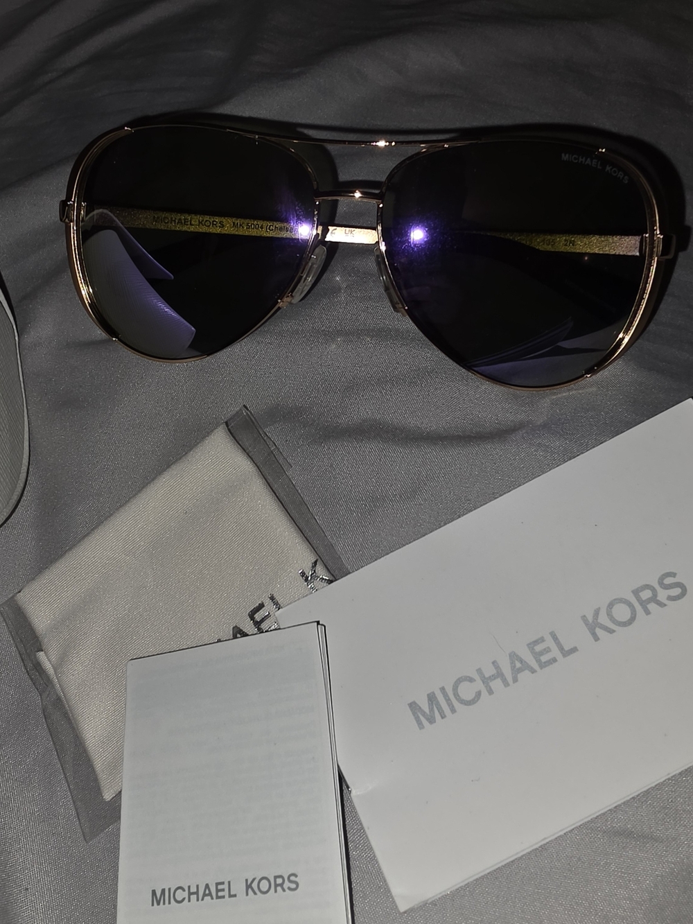 Michael Kors Gold Frame Aviator Sunglasses with Dark Blue Lenses